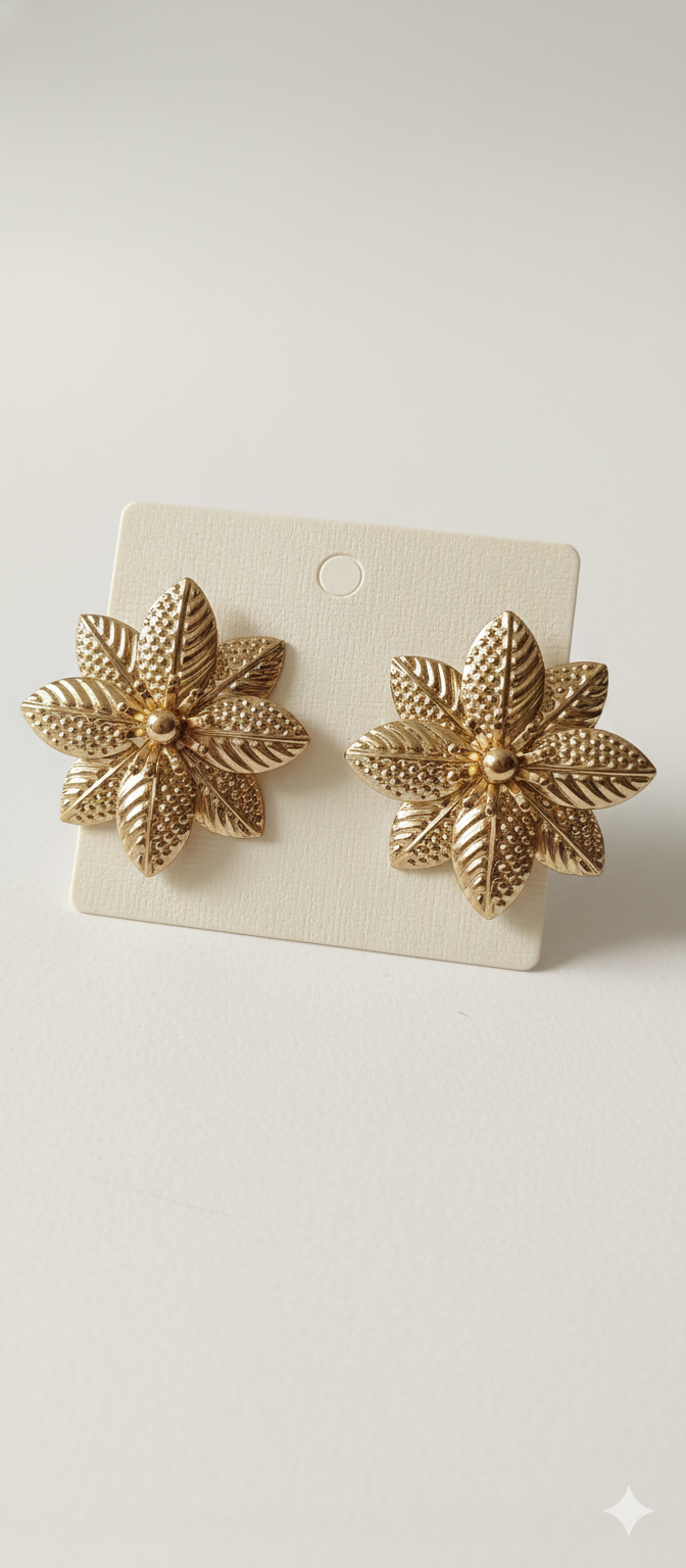 Gold floral earrings on a white card against a light gray background