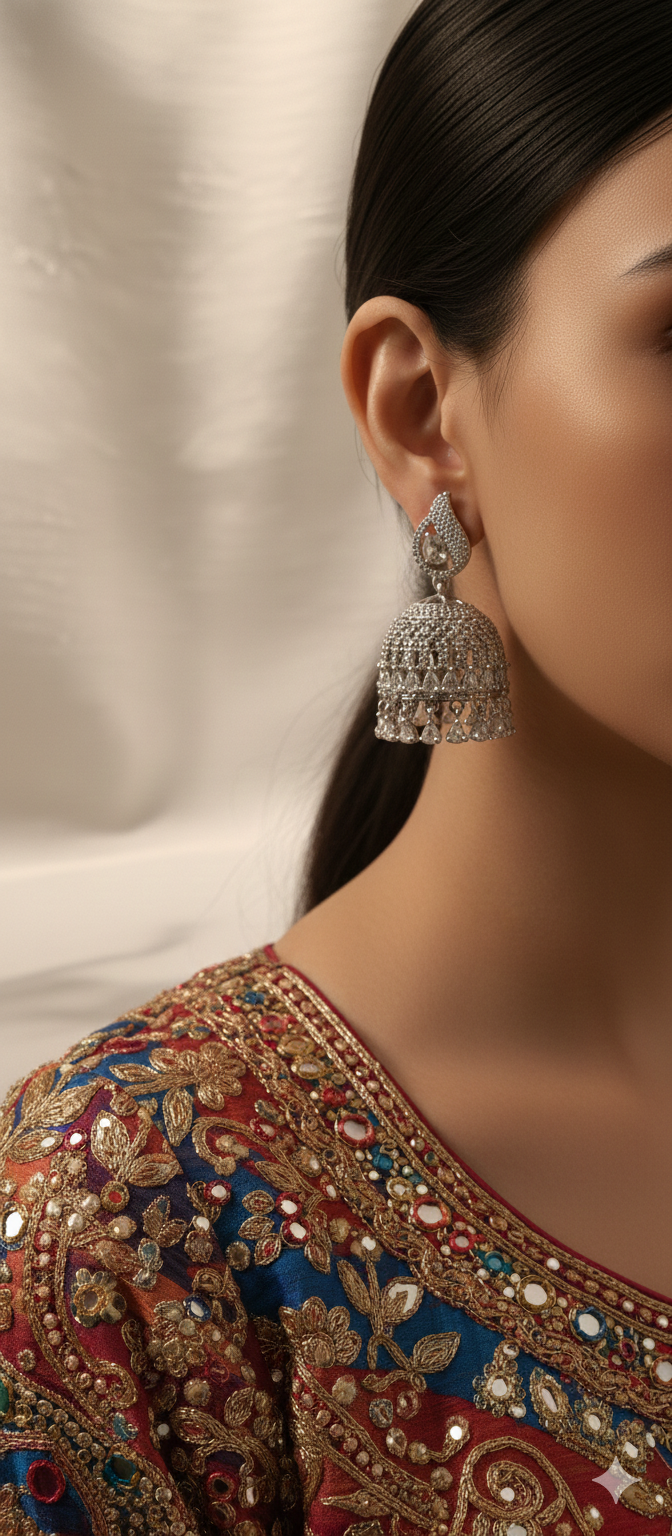 Close-up of a woman wearing a decorative earring with a plain background