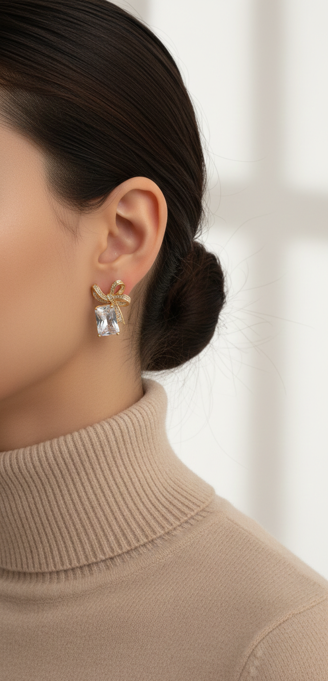 Close-up of a person wearing gold earrings with a clear gemstone against a neutral background