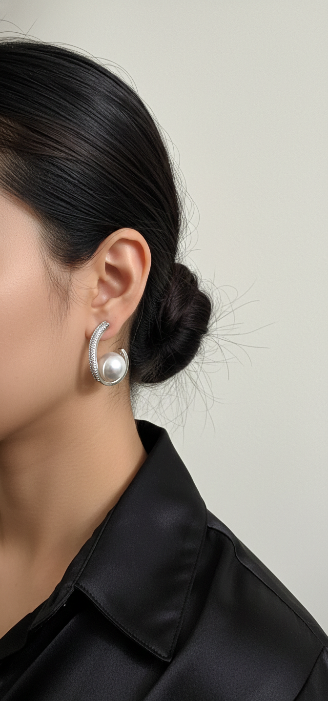 Woman wearing silver earrings with a pearl accent against a neutral background