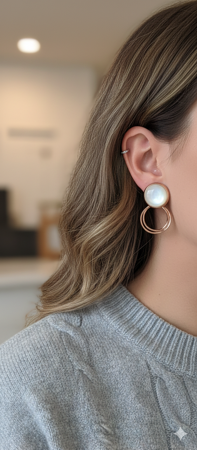 Close-up of a person wearing pearl and gold hoop earrings with a blurred indoor background.