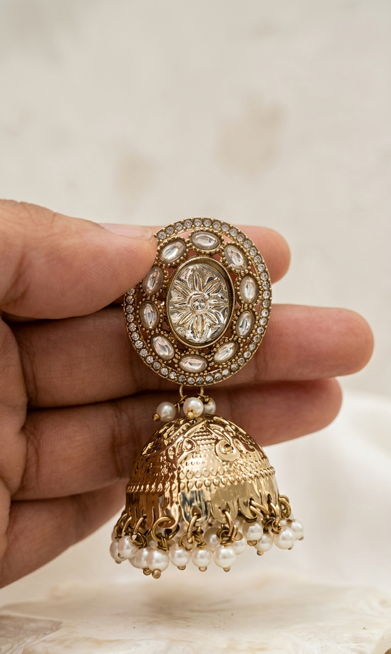 Sheesh Mahal White Kundan Polki Pearl Jhumka