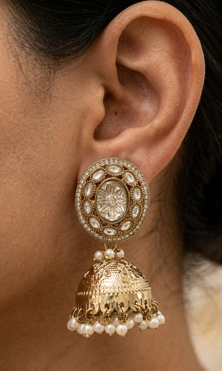 Sheesh Mahal White Kundan Polki Pearl Jhumka