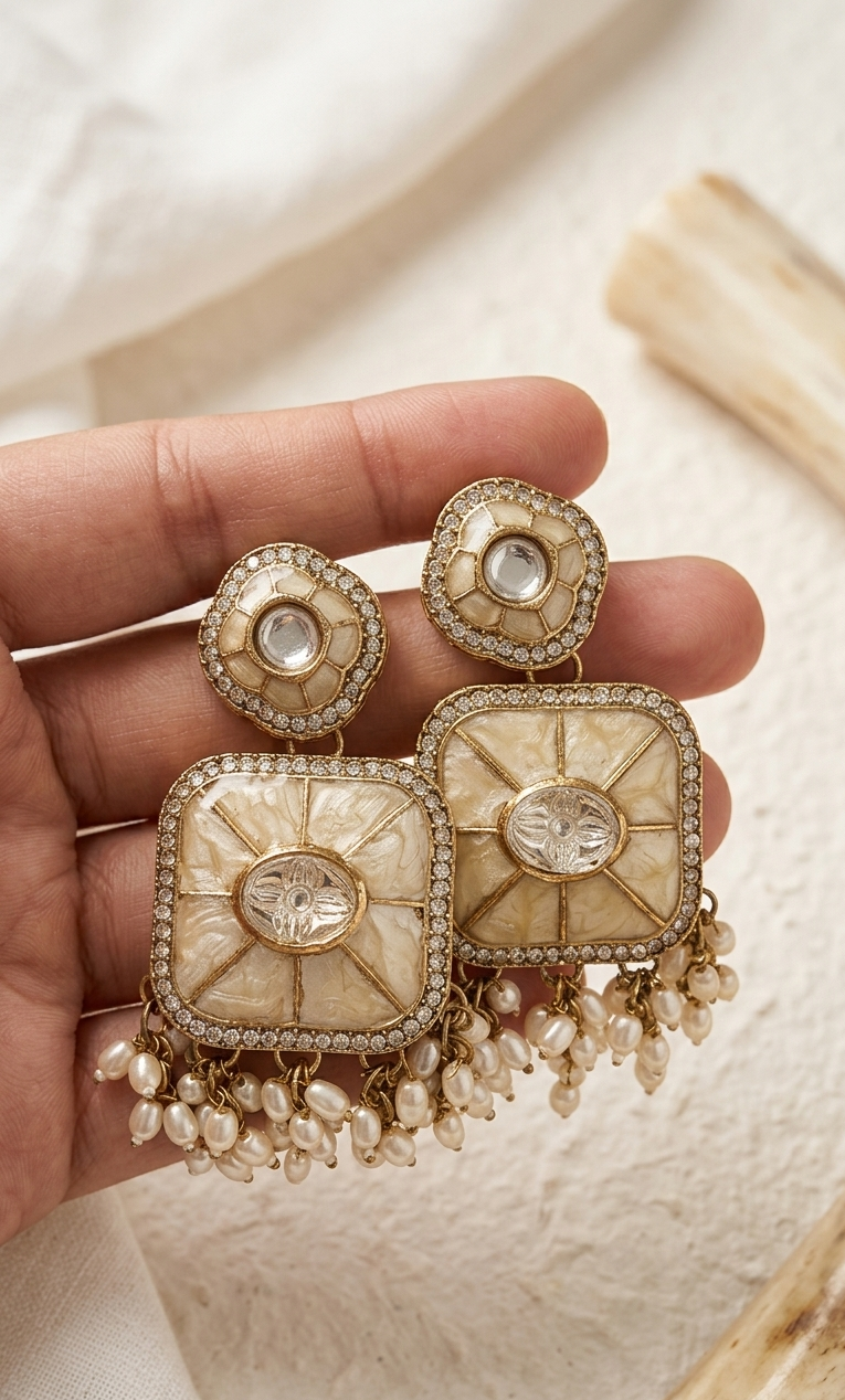 Raunak Ivory Mother of Pearl Square Drop Earrings