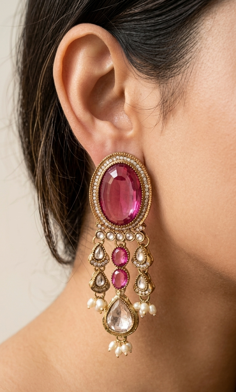 Gulnar Pink Ruby Oval Chandelier Drop Earrings