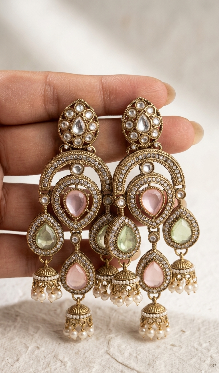 Tabassum Pastel Pink Mint Chandbali Jhumka