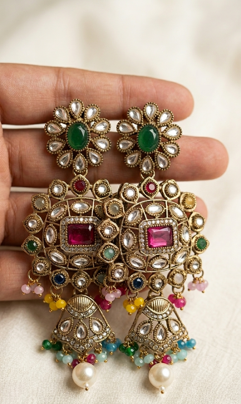 Navratan Multicolour Kundan Jhumka