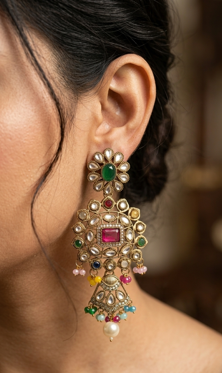 Navratan Multicolour Kundan Jhumka