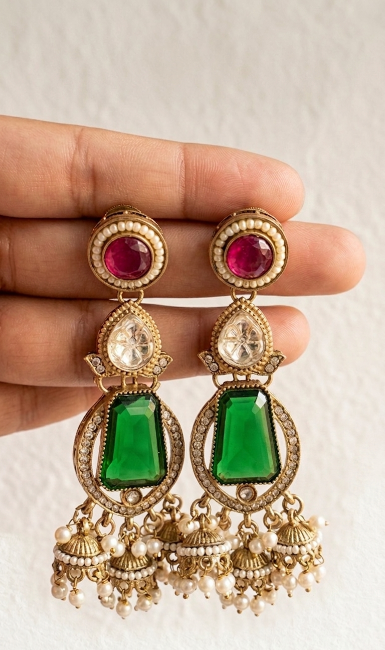 Zehra Ruby Emerald Chandbali Jhumka