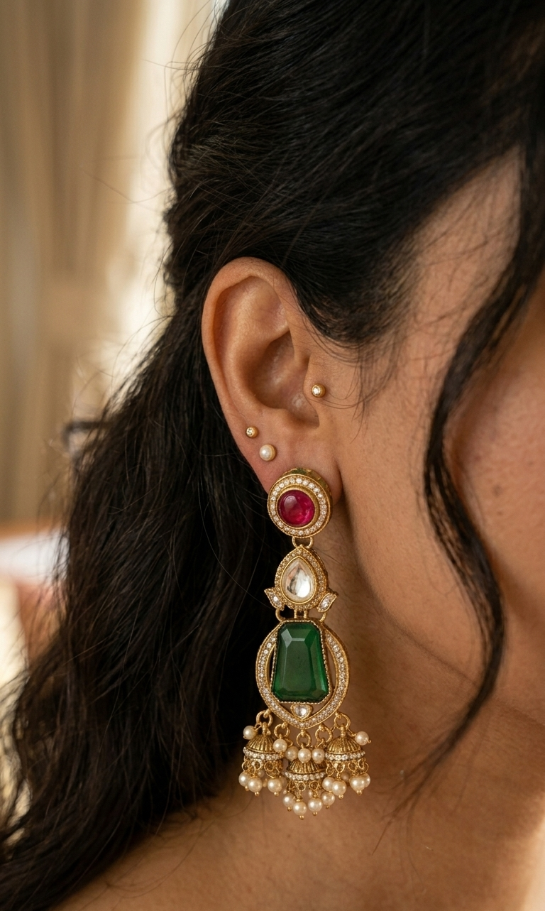 Zehra Ruby Emerald Chandbali Jhumka