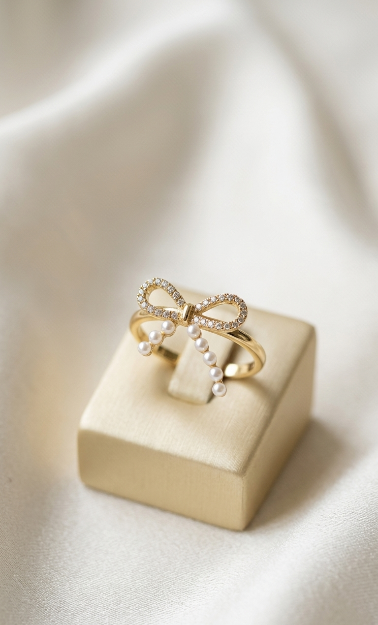 Belle Bow Pearl Ring | Gold Plated CZ Bow Ring for Women