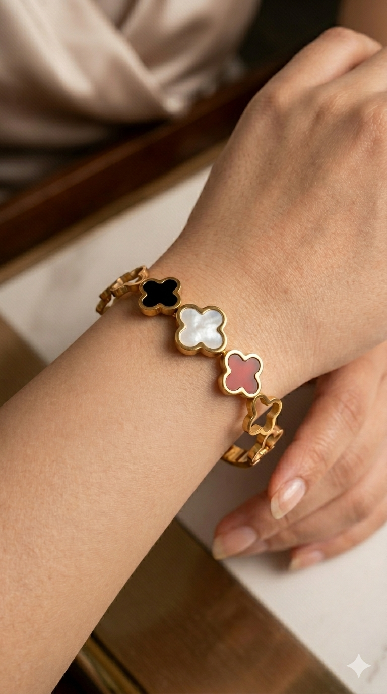 Bracelet with colorful flower-shaped charms on a wrist