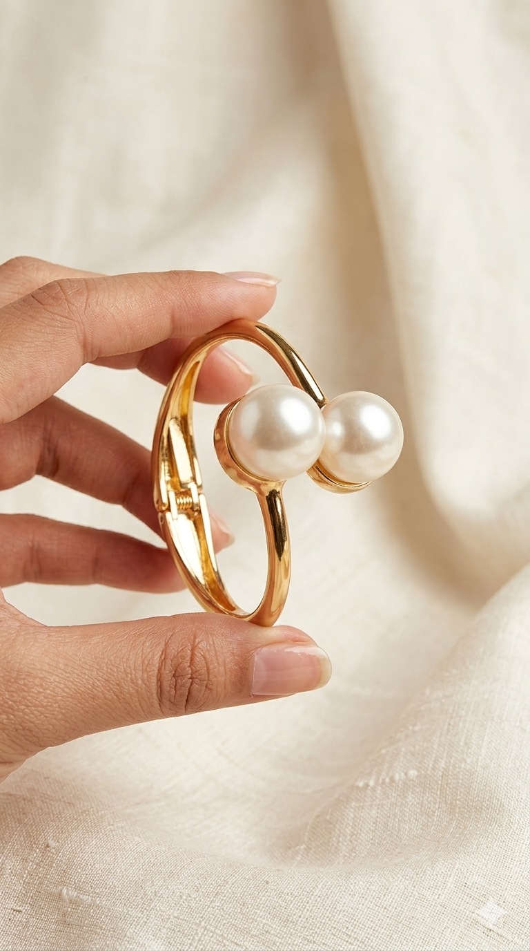 Gold bracelet with pearls held by a hand on a beige background