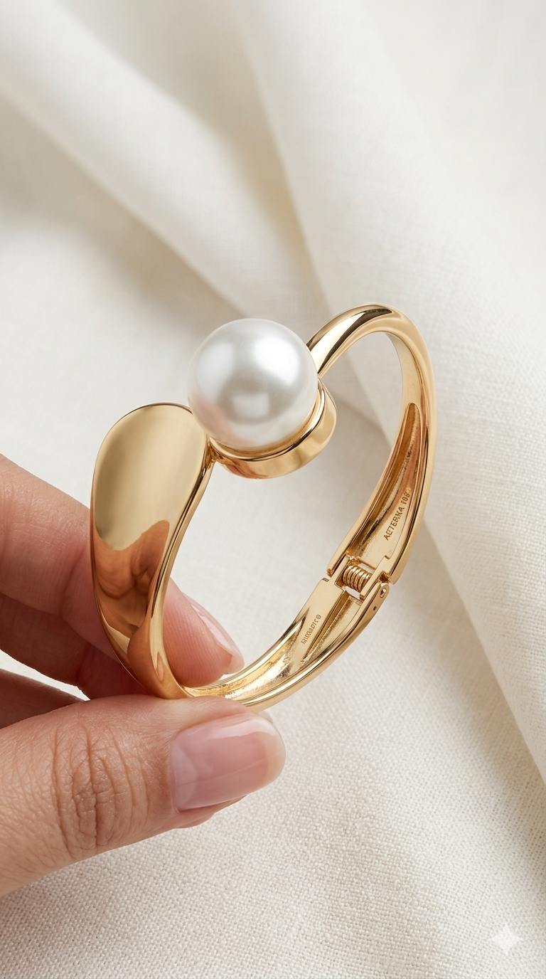 Gold bracelet with a pearl held by a hand on a beige fabric background