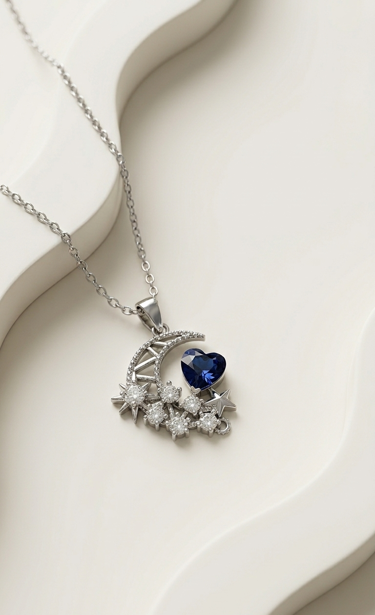 Stargazer Celestial Moon Heart Necklace | Silver Rhodium Plated CZ Pendant for Women