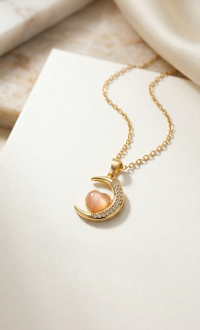 Rose Glow Crescent Moon Necklace | 18K Gold Plated Cat's Eye Pendant for Women