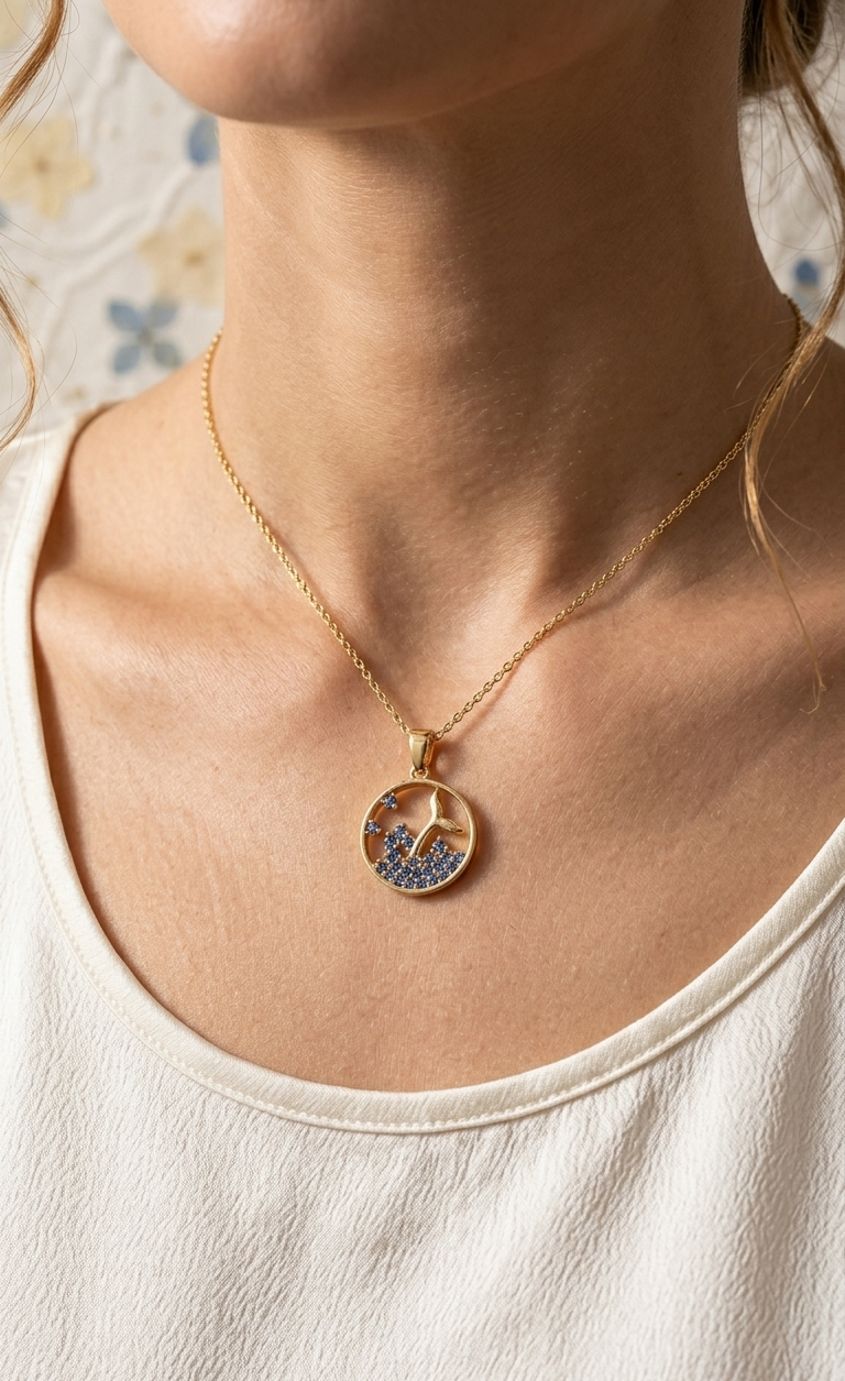 Gold necklace with a pendant on a person wearing a white top.