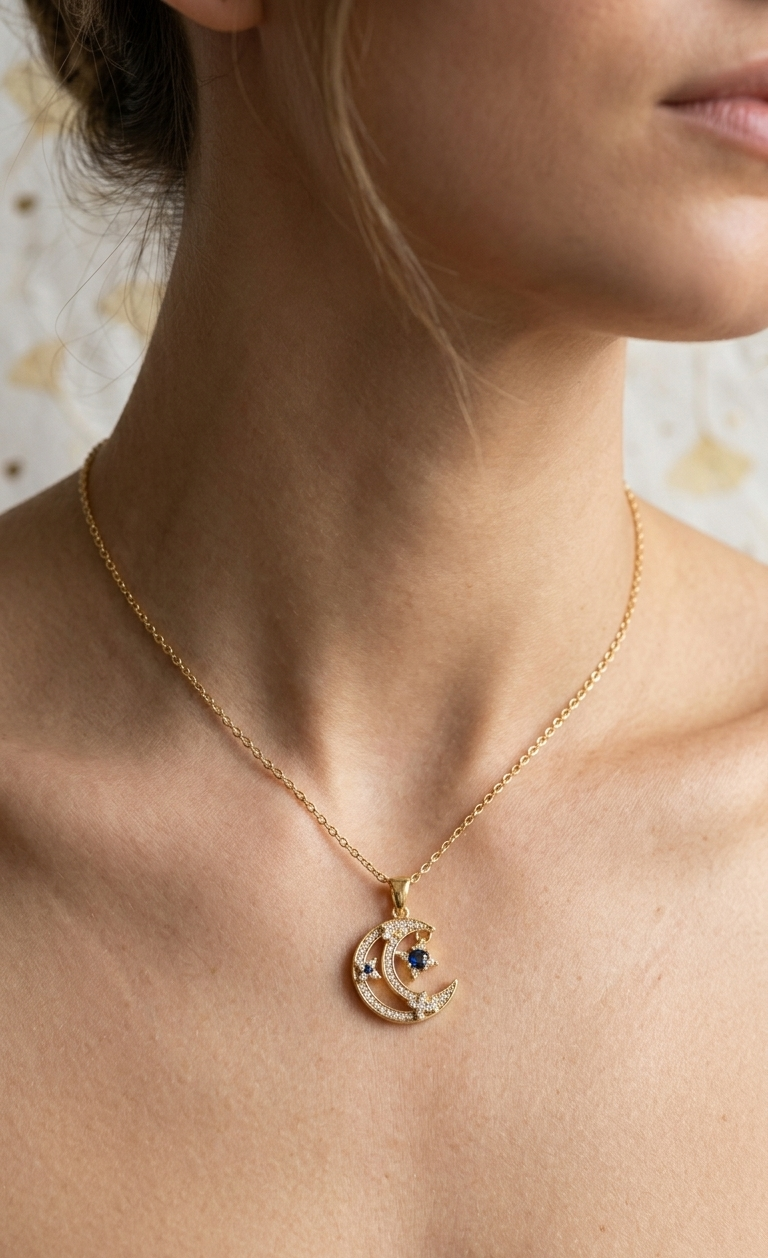 Gold necklace with a pendant worn by a person against a neutral background