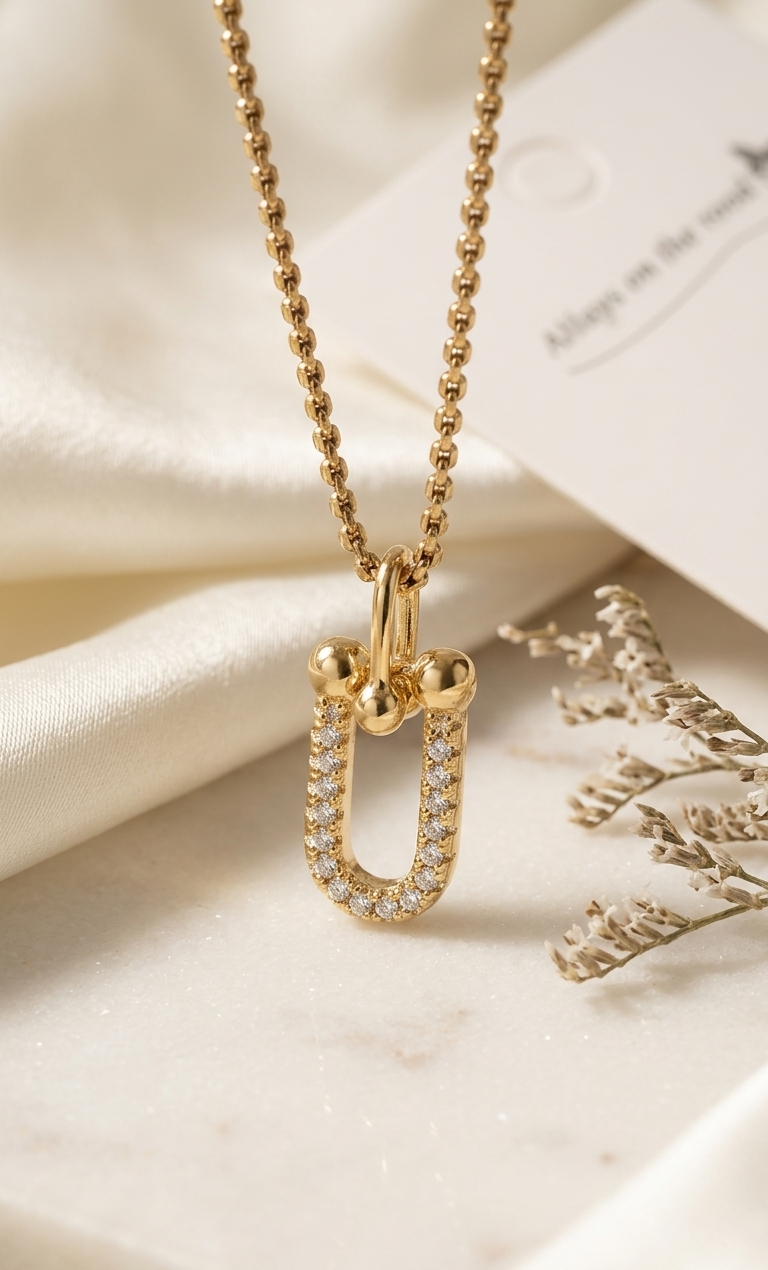 Gold necklace with a unique pendant on a soft beige background