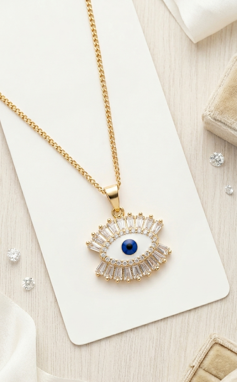 Gold necklace with an eye-shaped pendant on a white card