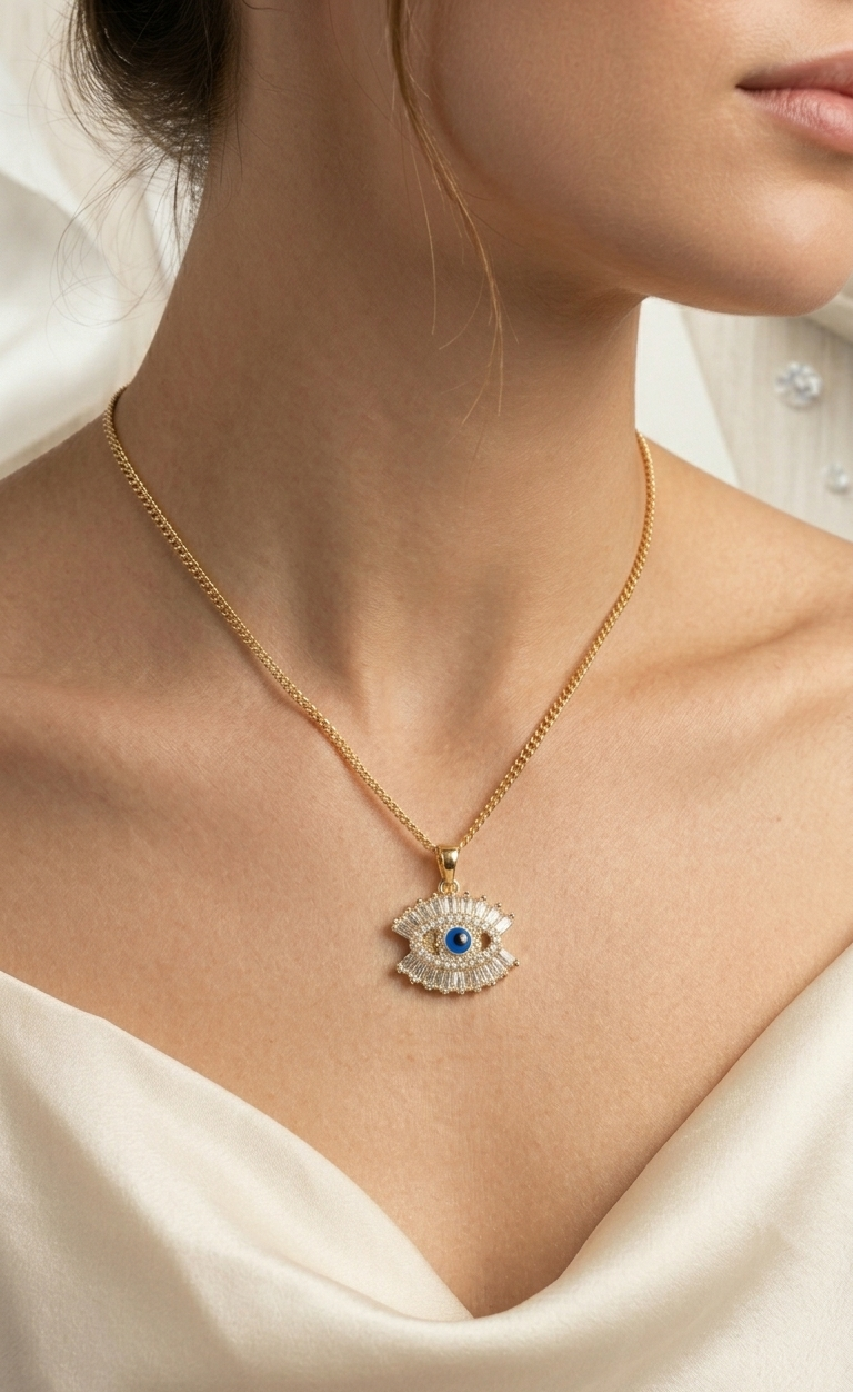 Gold necklace with an eye-shaped pendant worn by a person in a white dress.