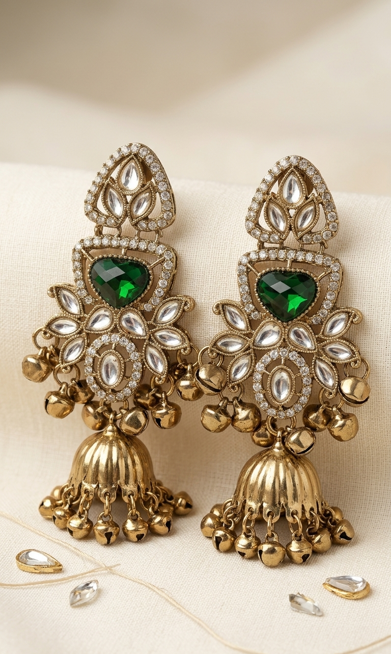 Pair of ornate gold earrings with green gemstones on a beige background