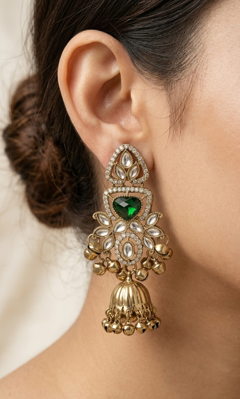 Gold earrings with a green gemstone worn by a person