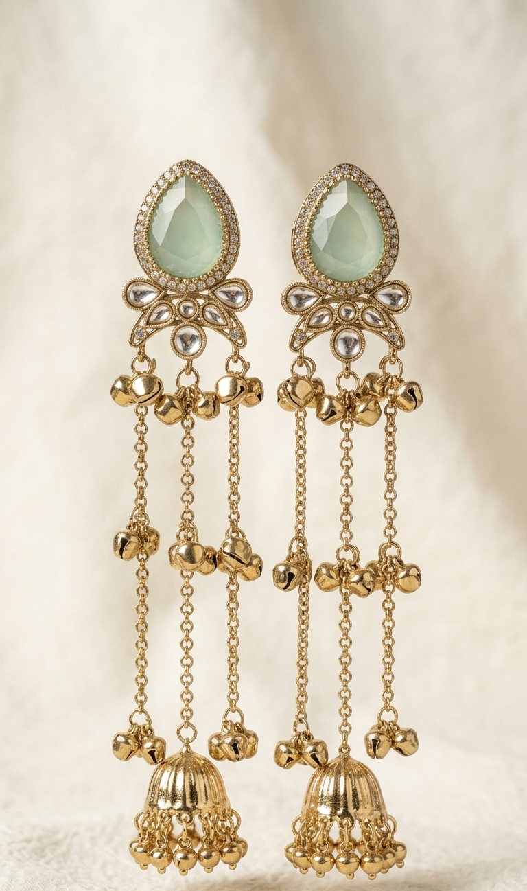 Gold earrings with green gemstones on a beige background