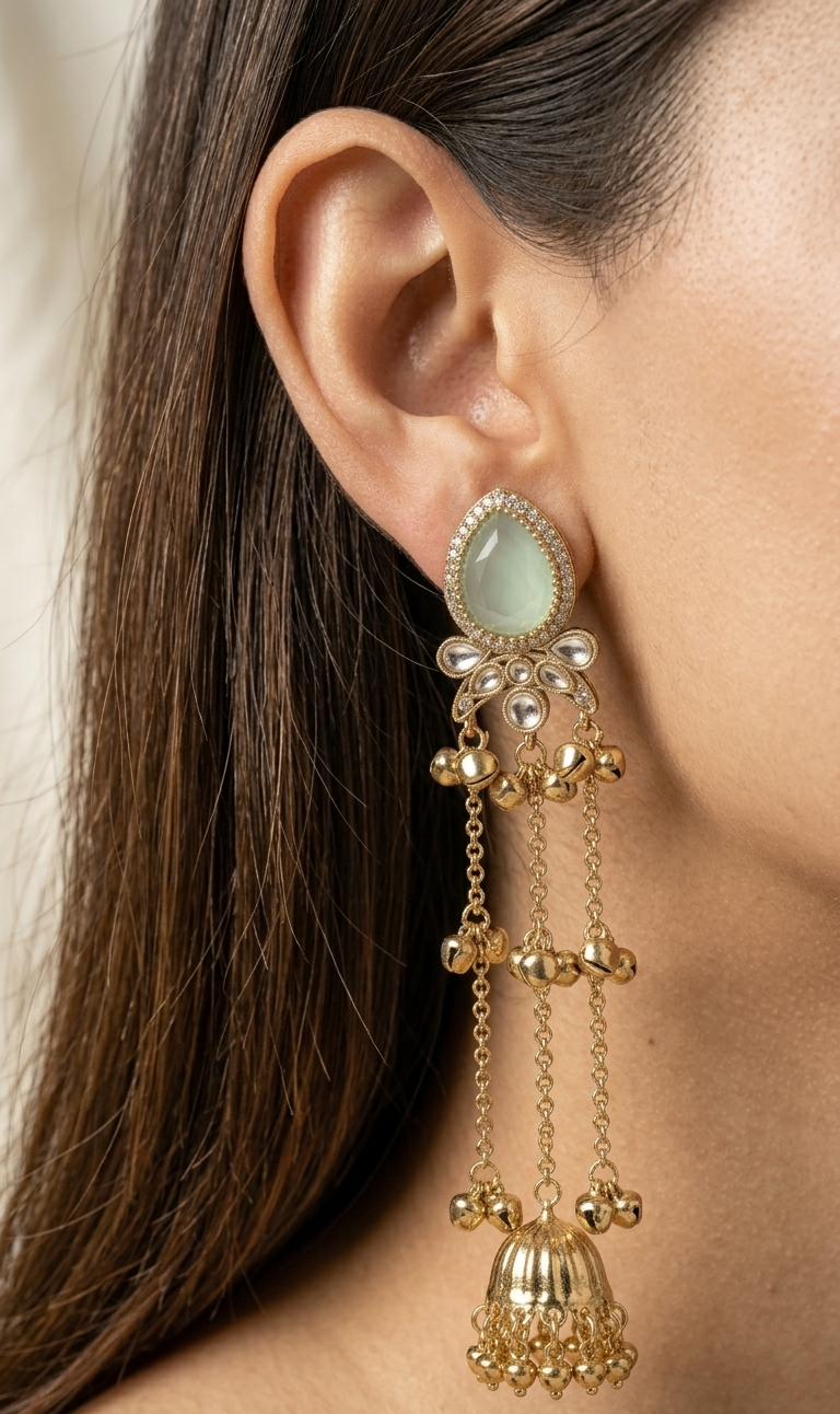 Gold earrings with a central gemstone worn by a person with long hair.