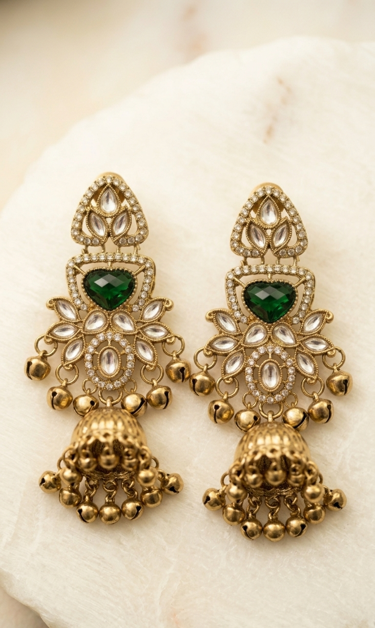 Pair of gold earrings with green gemstones on a white stone surface