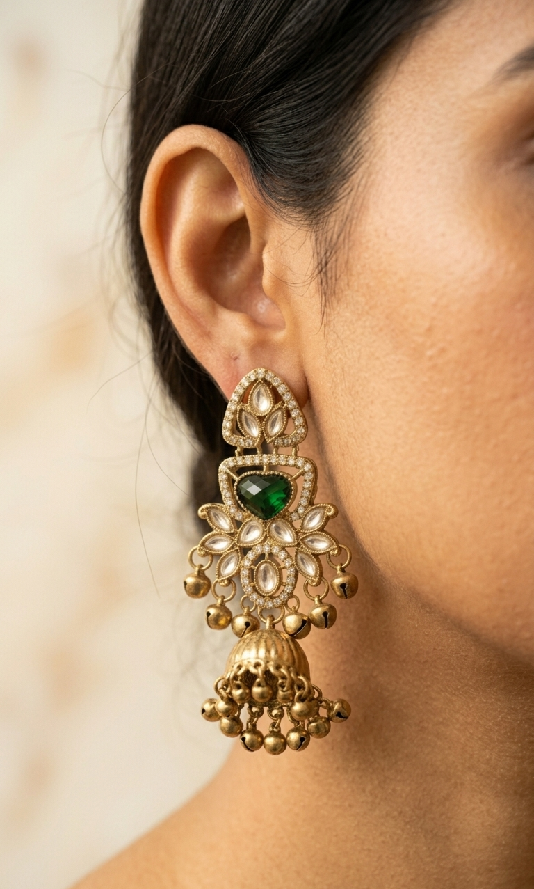 Gold earrings with a green gemstone worn by a person