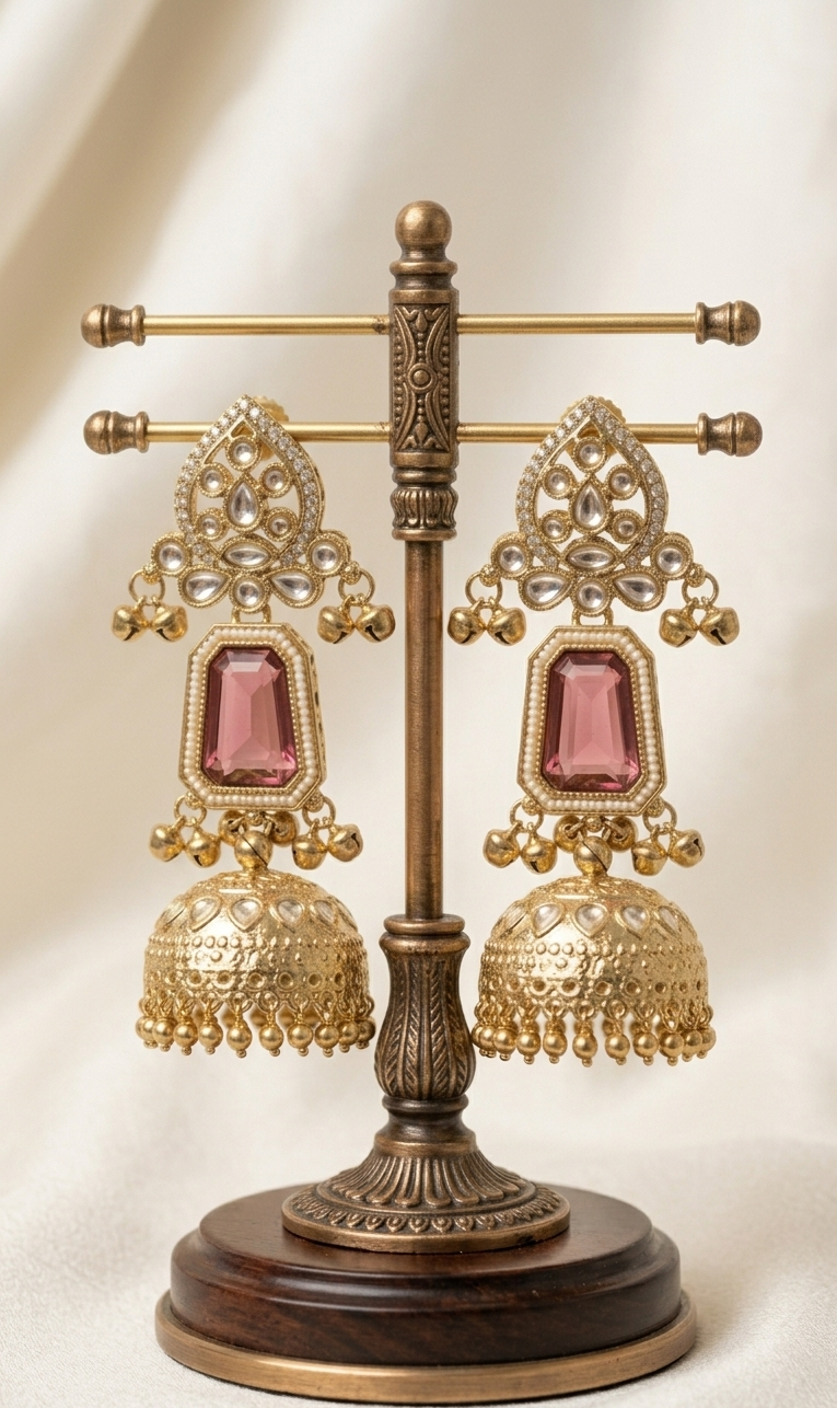 Pair of gold earrings with pink stones on a decorative stand against a white background