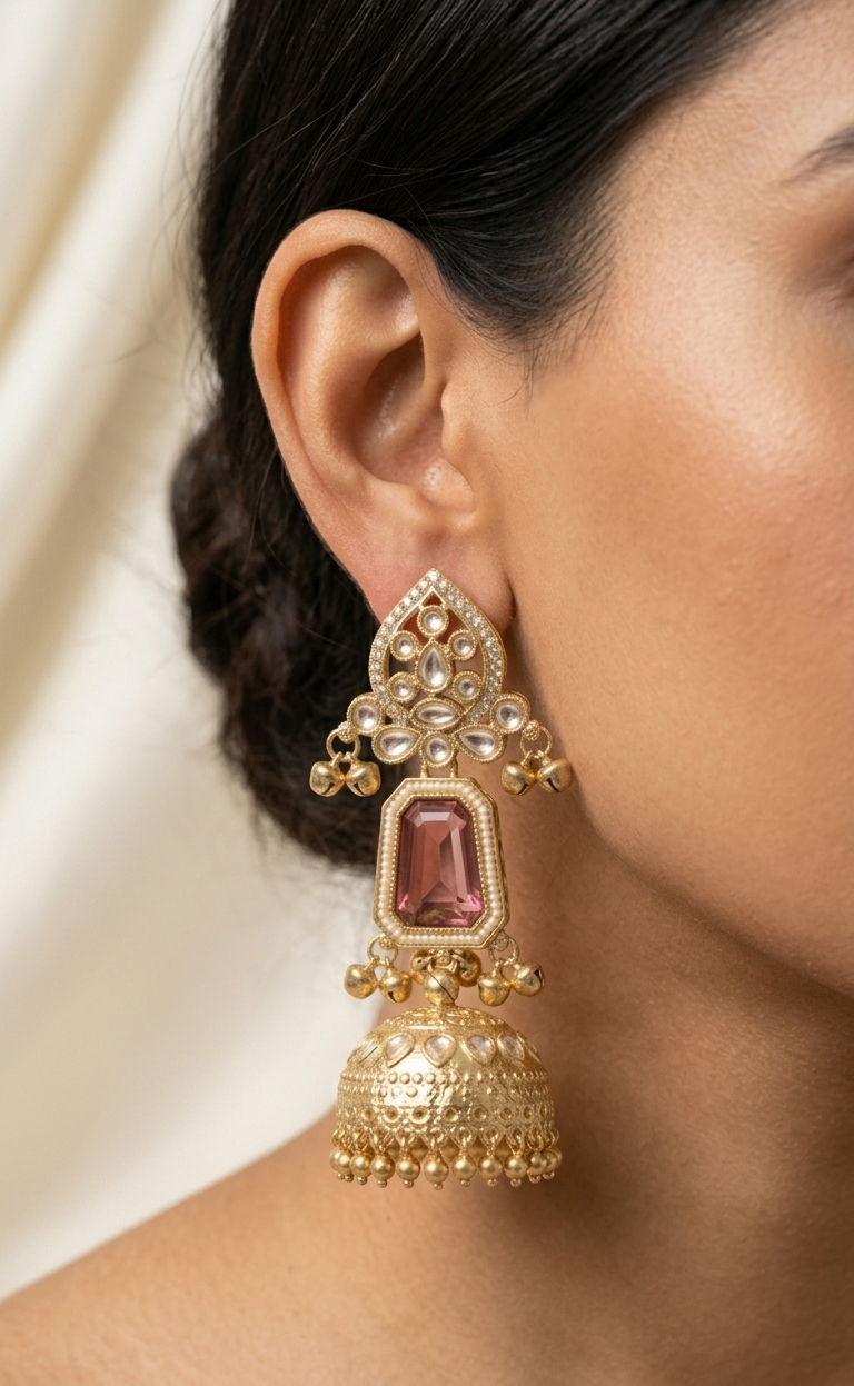 Gold earrings with a pink gemstone worn by a person