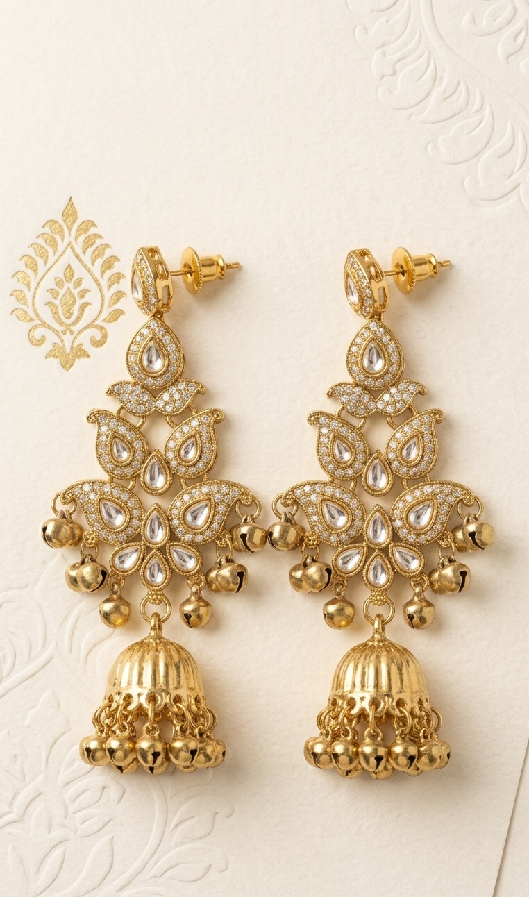 Gold earrings with intricate designs on a light background