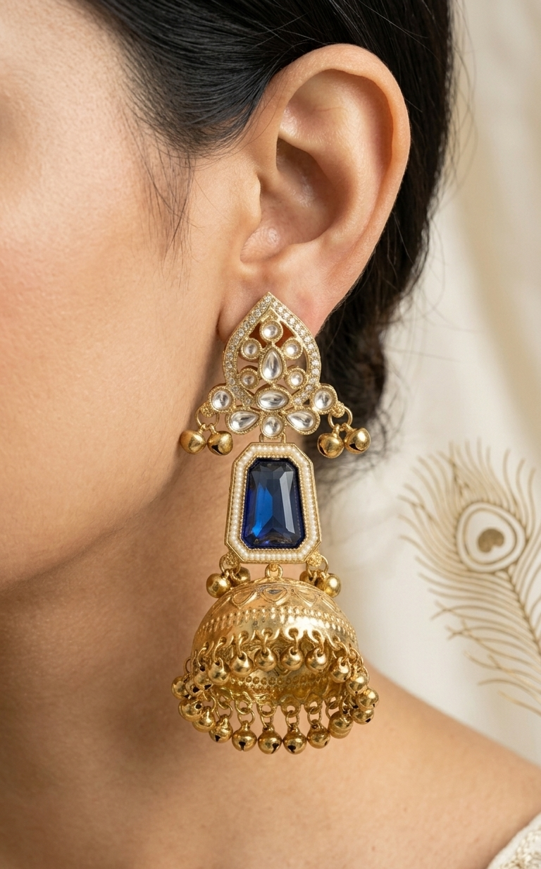 Gold earring with a blue gemstone worn by a person, with a blurred background.