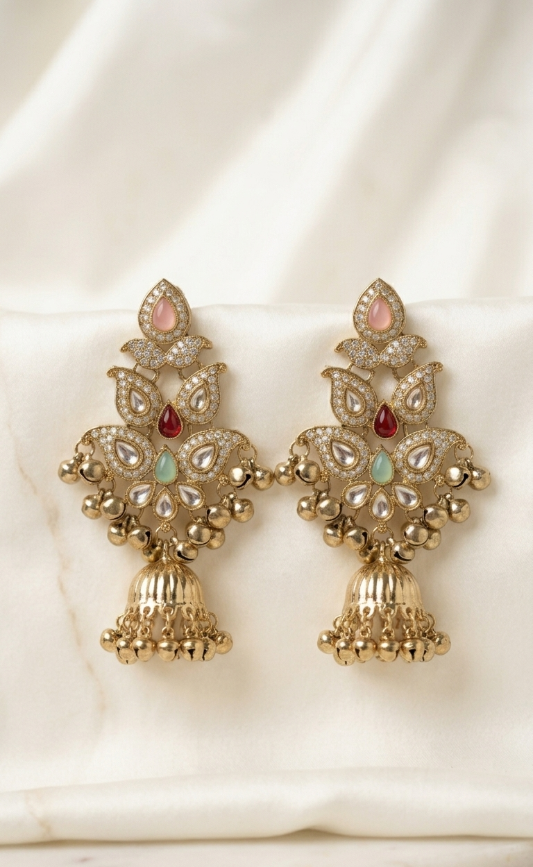Gold CZ Paisley Chandelier Jhumka | Grand Kashmiri Bridal Statement Earrings