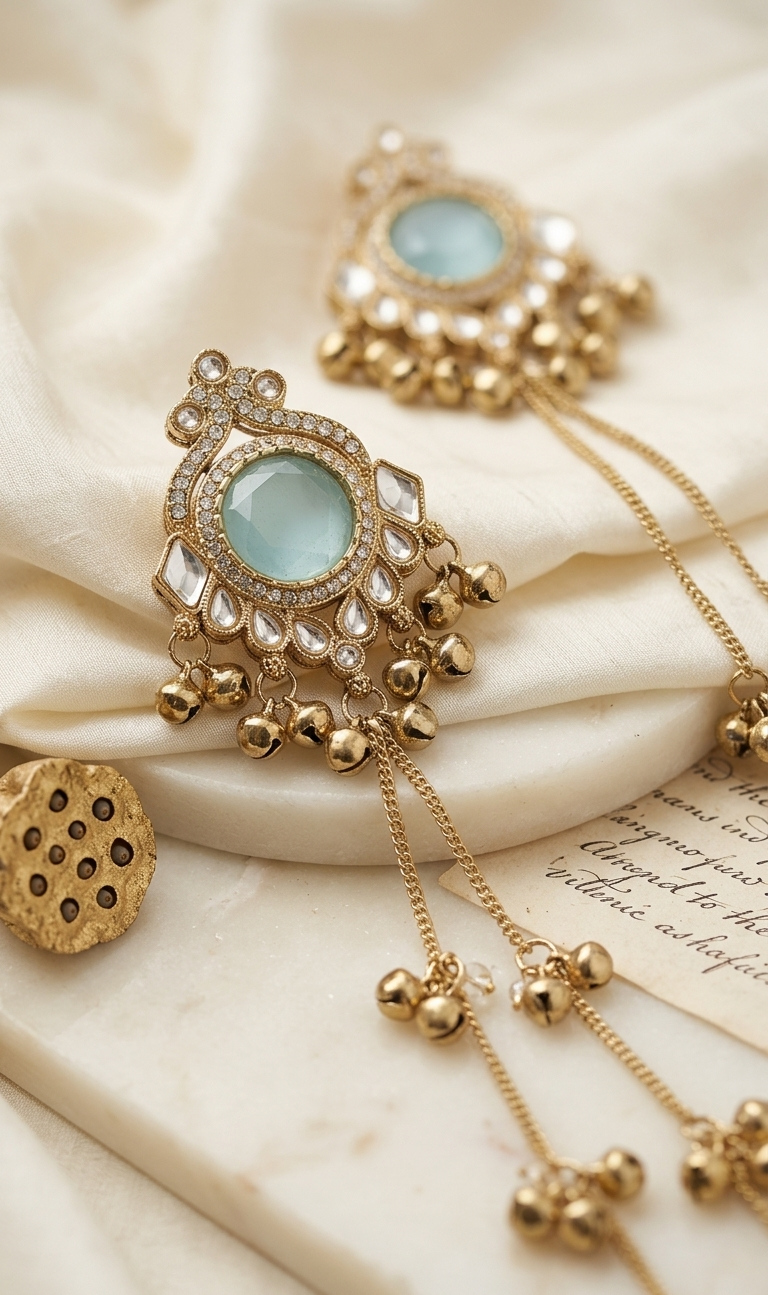 Gold jewelry with light blue stones on a textured surface