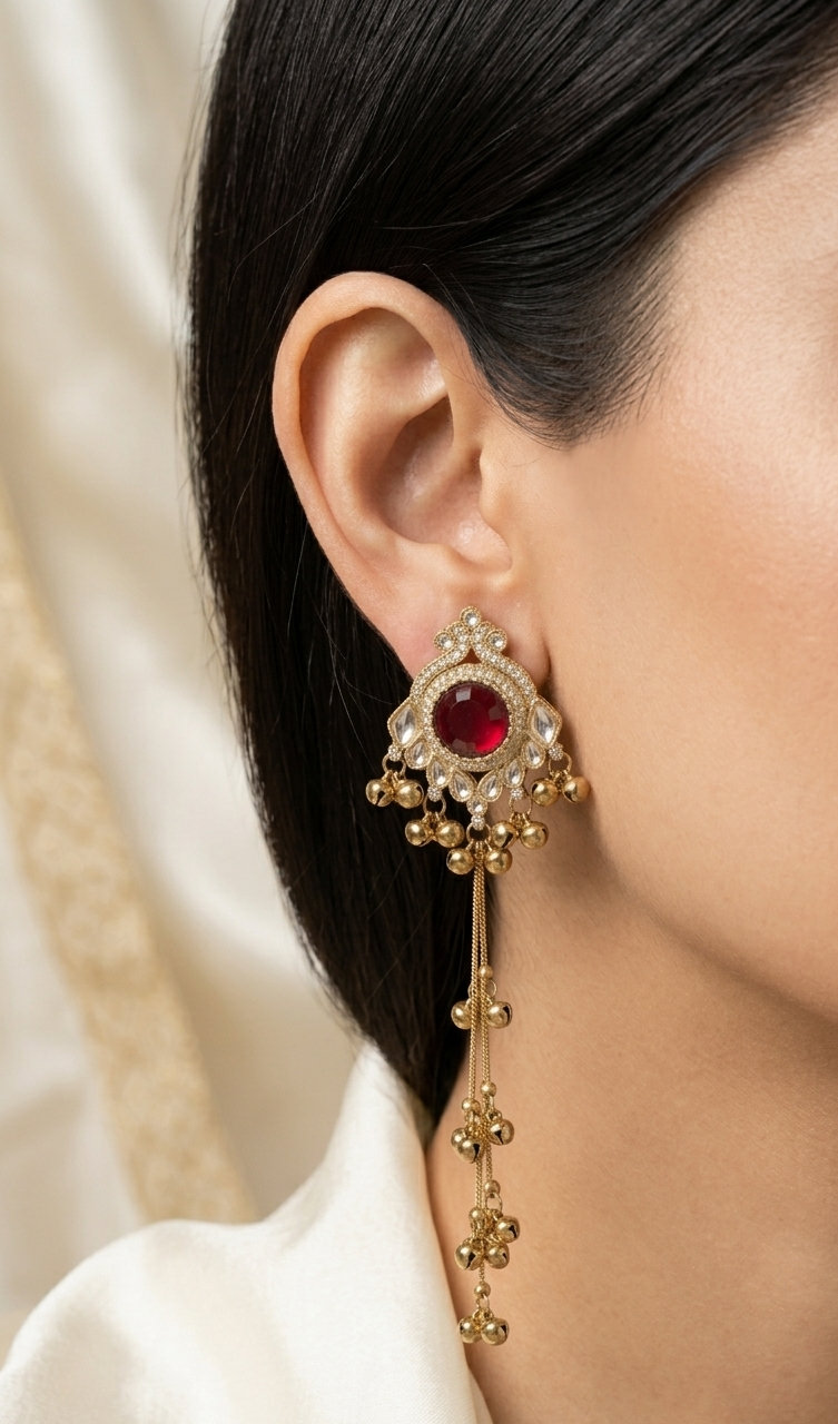 Gold earring with a red gemstone worn by a person against a neutral background