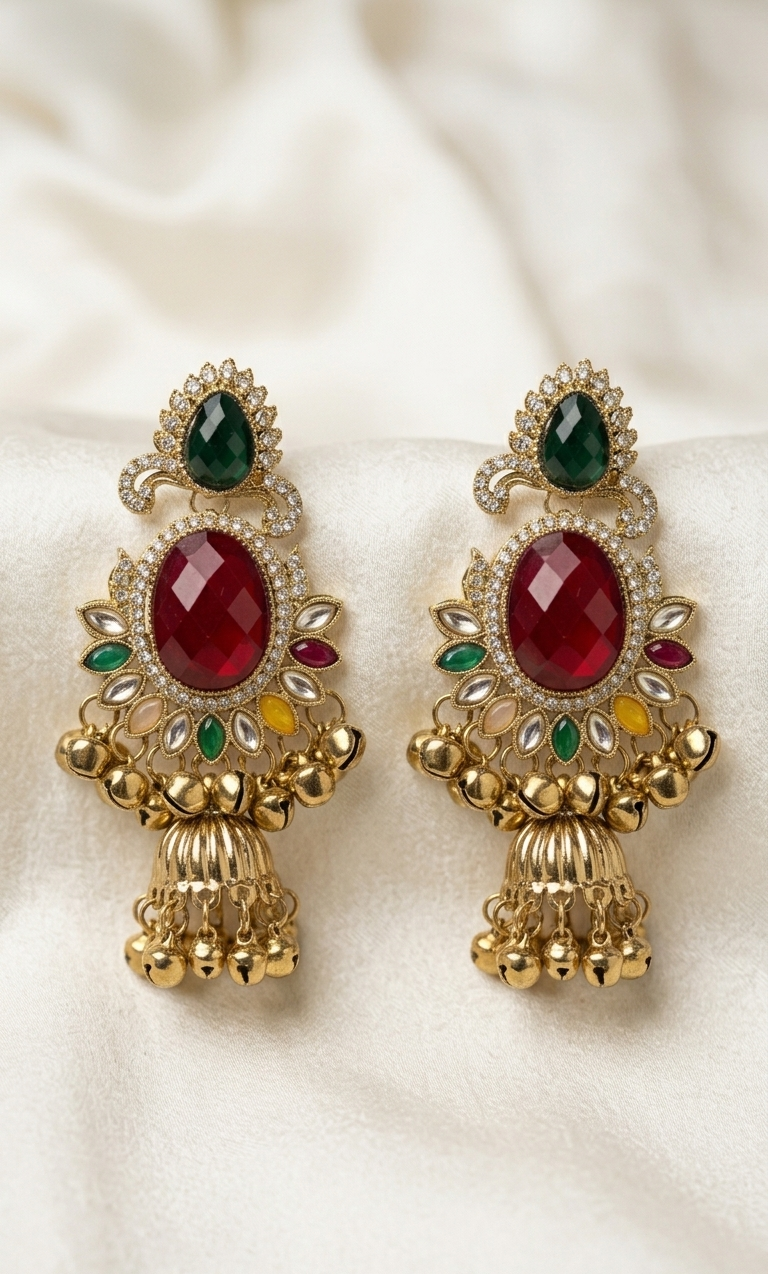 Pair of gold earrings with red and green gemstones on a white background