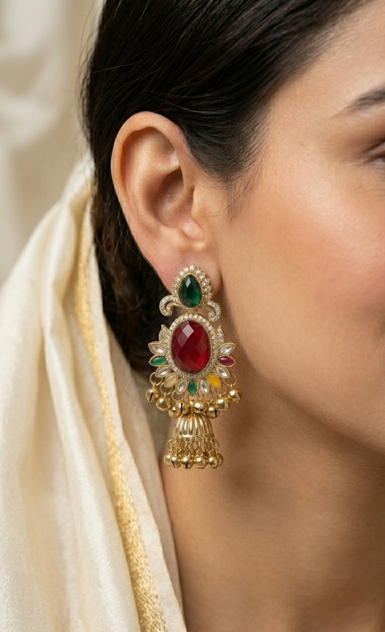 Close-up of a woman wearing a gold earring with red and green gemstones.