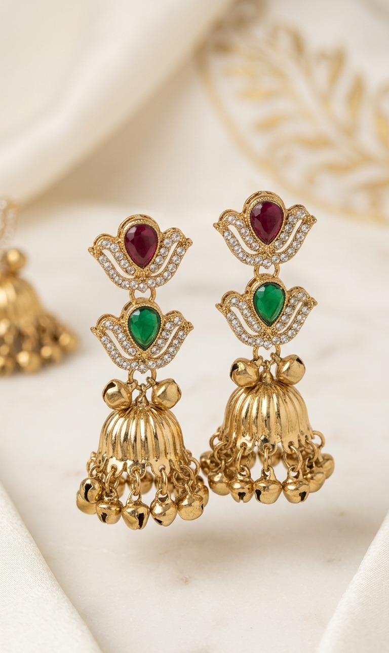 Gold earrings with red and green gemstones on a light background