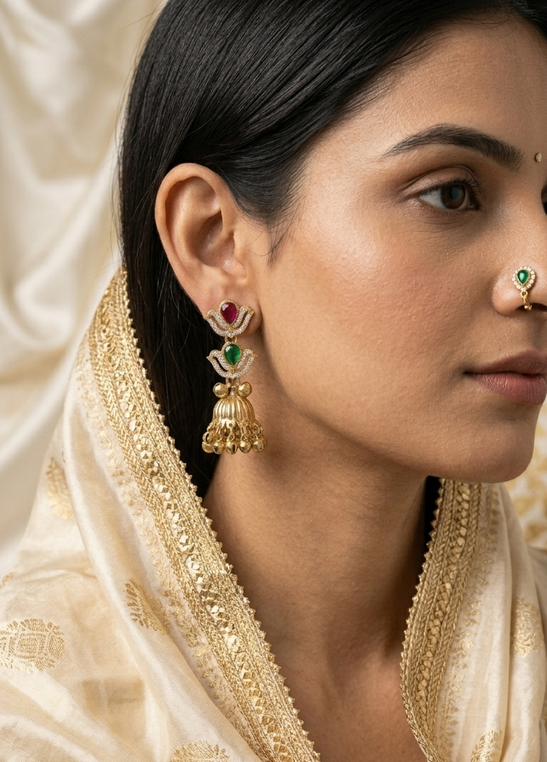 Woman wearing traditional jewelry and a cream-colored saree with gold details.