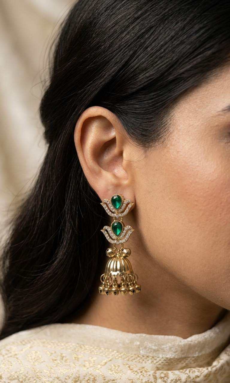Gold earrings with green gemstones worn by a person with dark hair and a white lace garment.