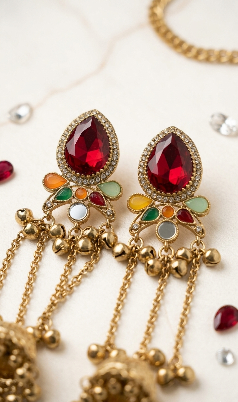 Ornate earrings with red gemstones and gold accents on a light background