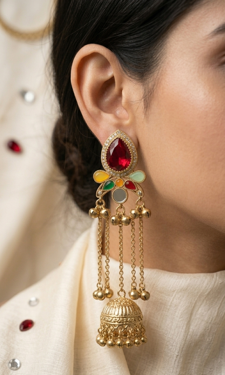 Close-up of a person wearing a gold earring with red and green gemstones.