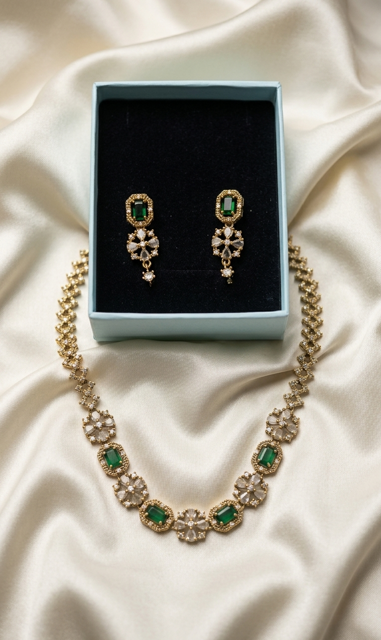 Zara Emerald CZ Necklace Set | Gold Plated Green Stone Jewellery Set for Women