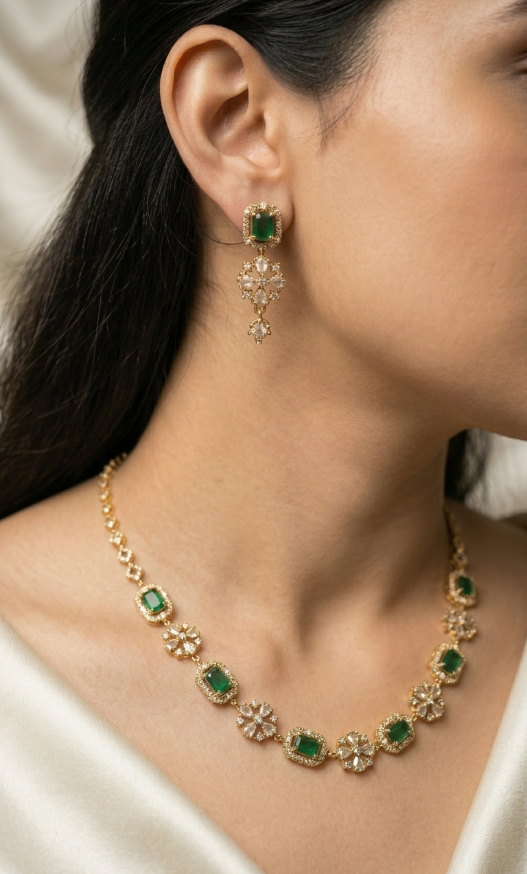 Zara Emerald CZ Necklace Set | Gold Plated Green Stone Jewellery Set for Women
