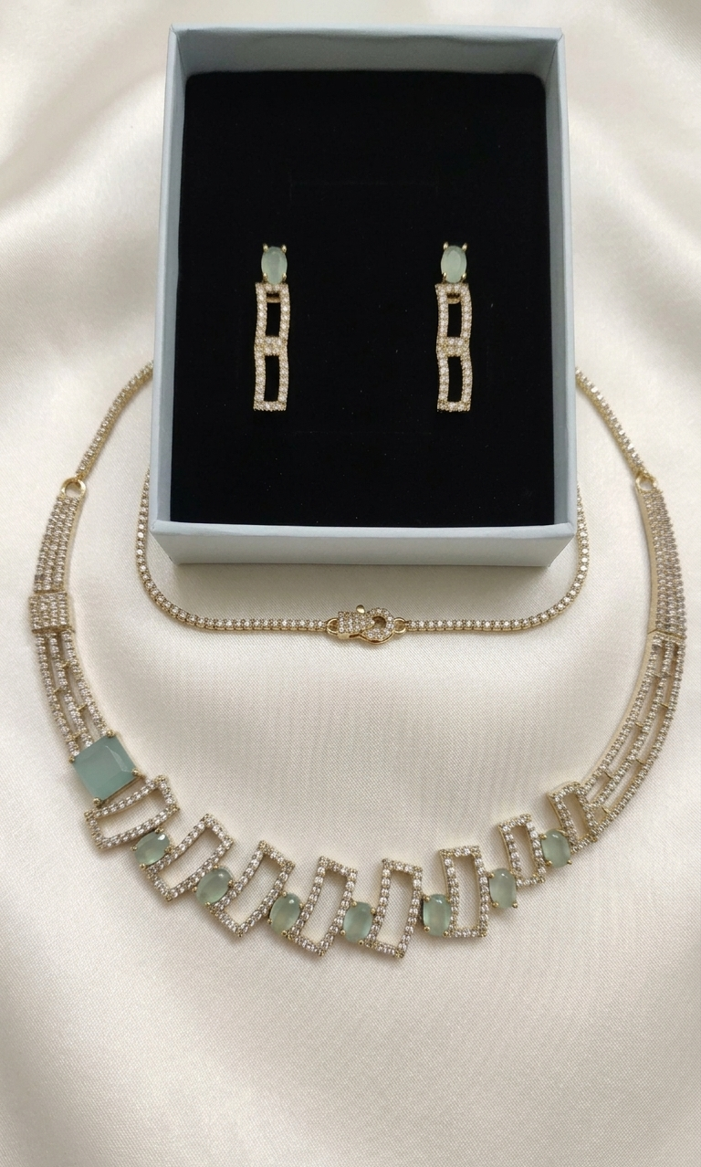 Sabz Mint Geometric CZ Necklace Set