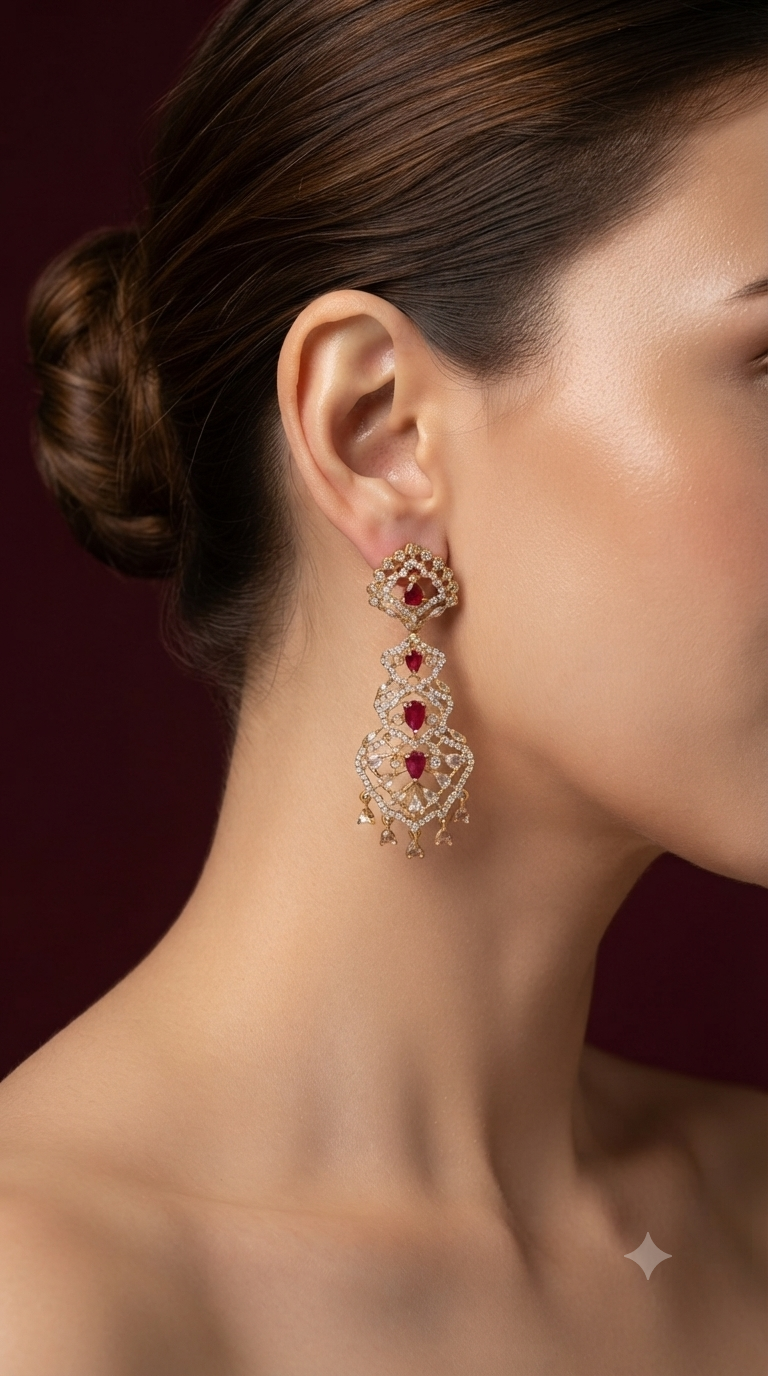 Ruby Pear Gold Filigree Chandelier Earrings