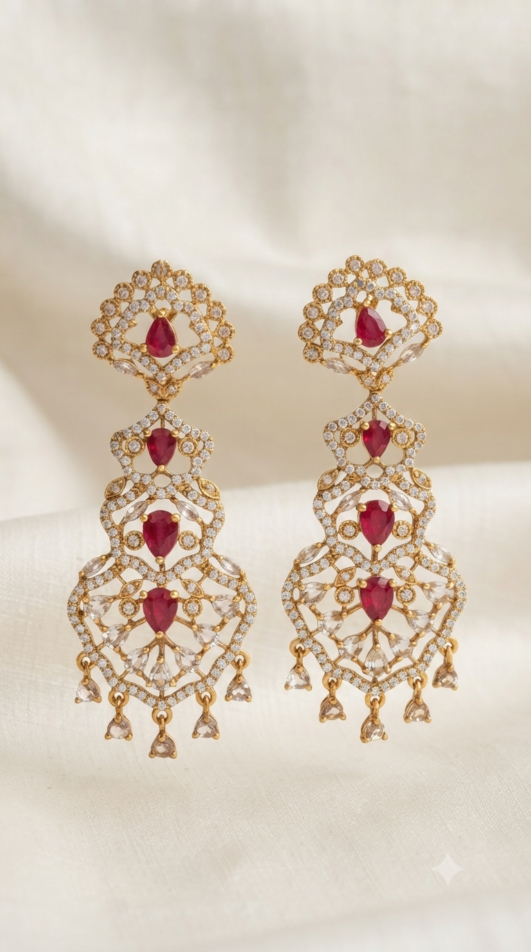 Ruby Pear Gold Filigree Chandelier Earrings